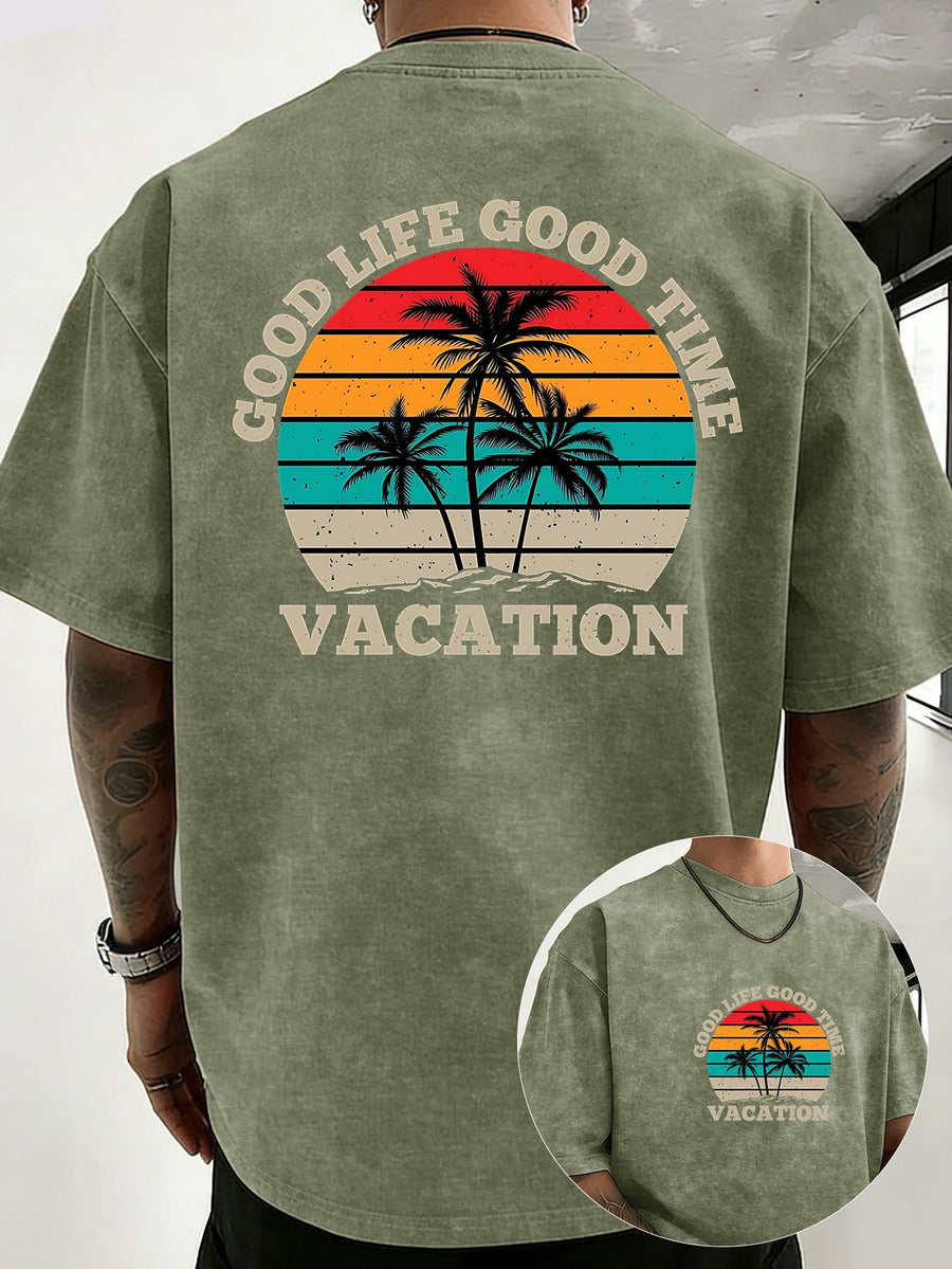 Loose Short Sleeve T-Shirt Men'S Heavyweight Pure Washed Distressed Top Trendy Double-Sided Print 12 Colors Free to Match Street Hip-Hop Style Casual Outing Sports Fitness Commuting Couple Style American Street Short Sleeve - Olive Green