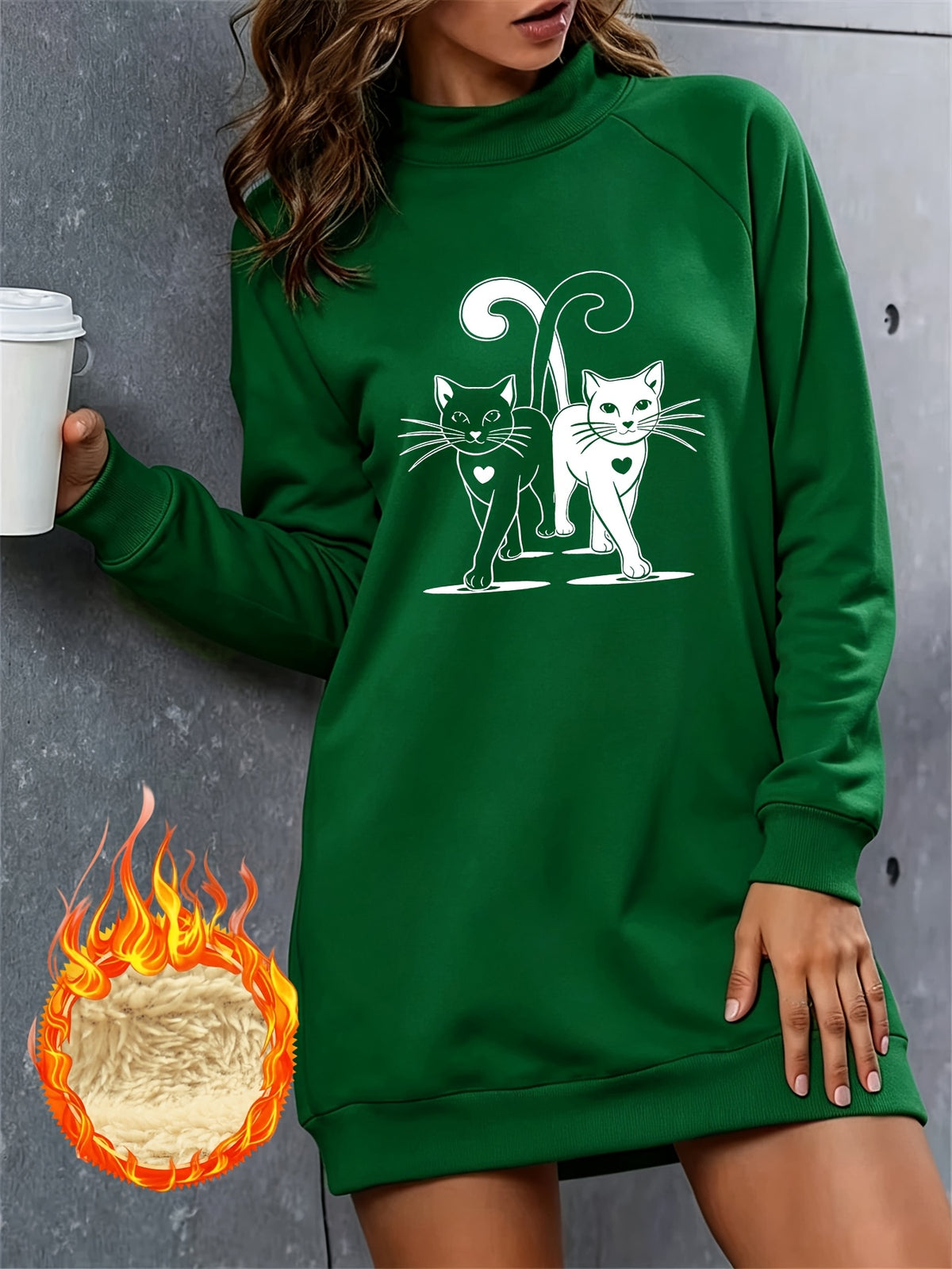 Cute Double Cat Heart Print Half-Turtleneck -Lined Sweatshirt Dress for Women, Autumn/Winter Loose Fit Thickened Midi-Length Top - Green