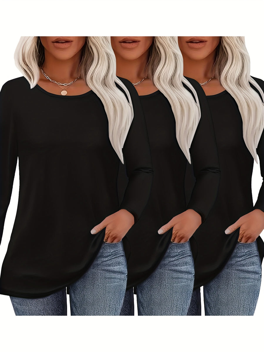 3pcs Long Sleeve Solid Color Women'S T-Shirts, Casual Holiday Outing Versatile Fall Winter Top Round Neck - Black