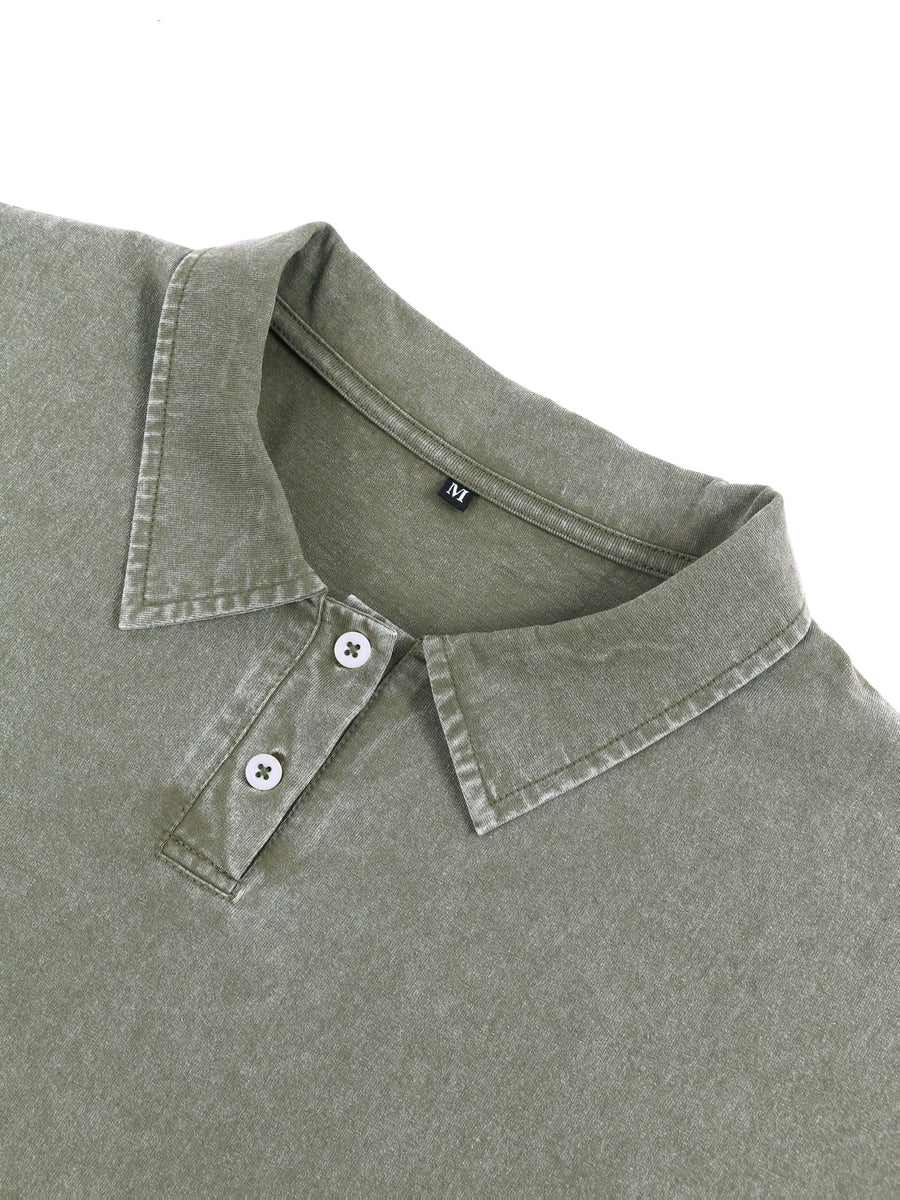 240G Heavyweight Combed Pure Men'S POLO Shirt Easy Retro Washed Loose Lapel Short Sleeve Skin-Friendly Temperament Autumn Summer Daily Commute Casual Top - Military Green