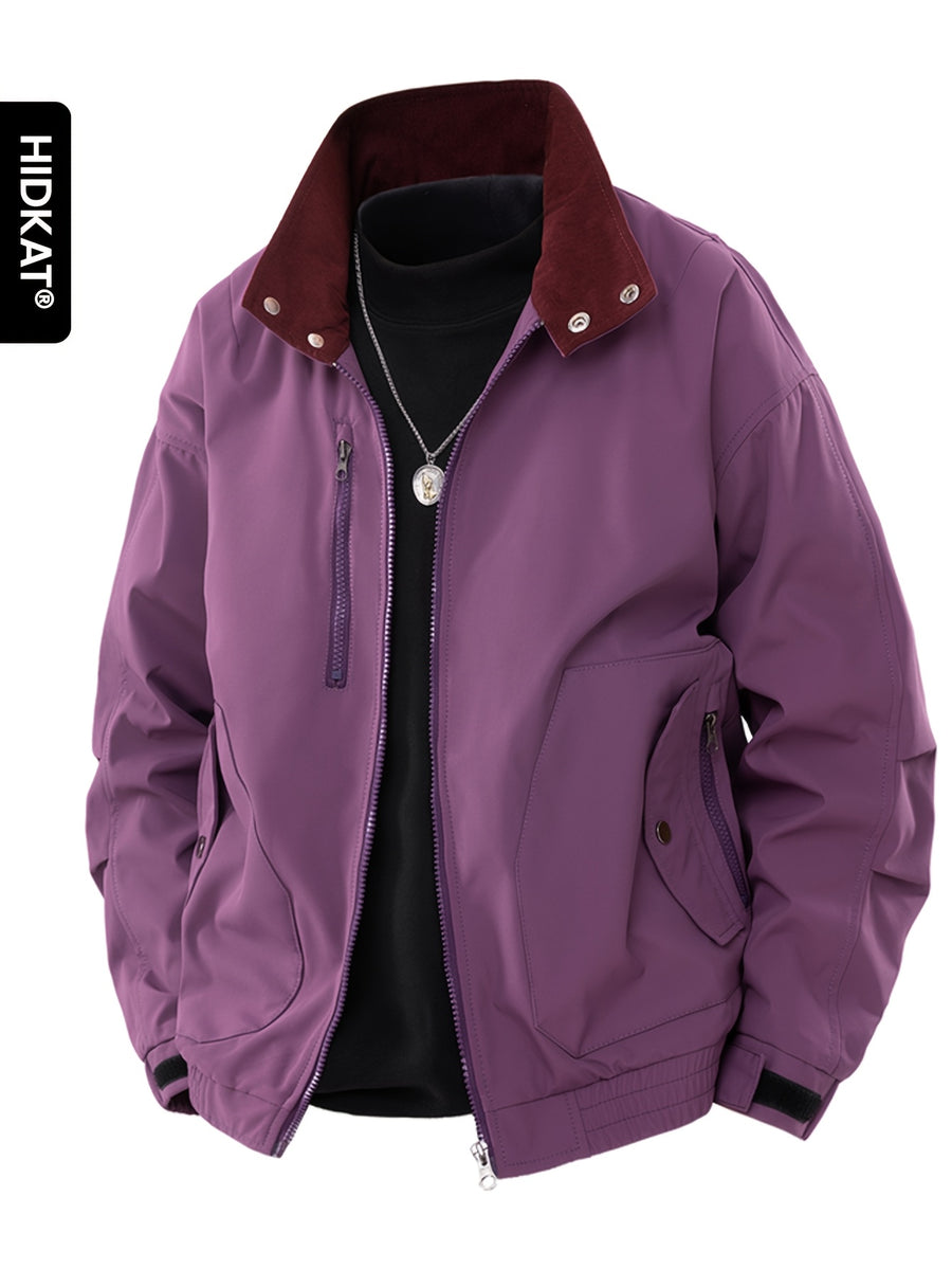 HIDKAT Men's Bomber Jacket with Contrast Collar & Zipper Pockets - Windproof Relaxed Fit Bomber Jacket Suitable for Streetwear, Aviation-Themed Outerwear, Machine Washable Zipper Closure Jacket with Stand Collar (No Transparency) - Purple