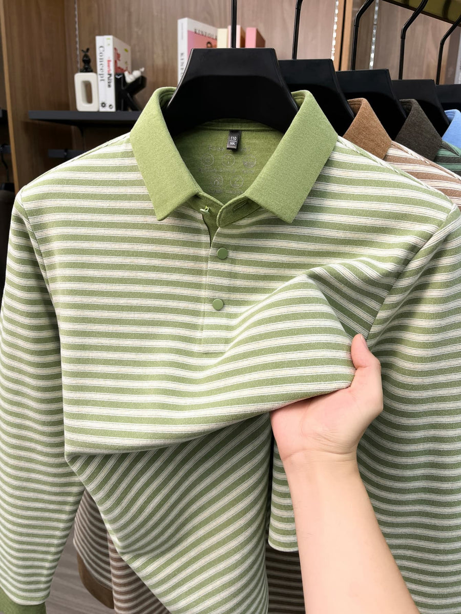 Men's Thin Striped Lapel Long Sleeve Polo Top, Wrinkle Free Loose Casual Long Sleeve T-Shirt, Business Basic Apparel for Middle-aged Dads, Spring Autumn Clothes for Golf, Fishing, Tennis Daily Wear - Leaf Green
