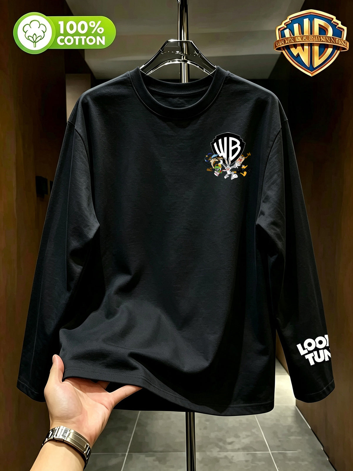 By Warner Bros., Printed 100% Pure Cotton T-shirt, Men's Comfortable and Versatile Loose Summer | Autumn | Winter Long Sleeved T-shirt, Suitable for Outdoor Sports, Gym and Multi-functional Sports Casual Loose Wear - Black
