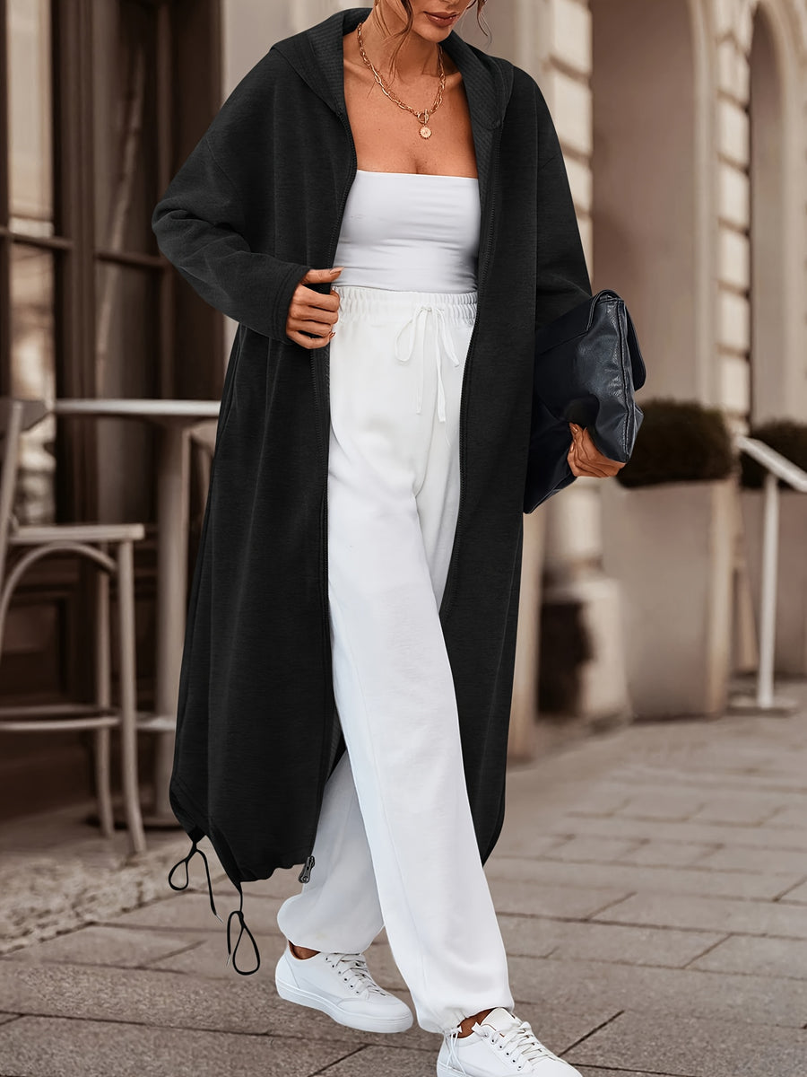 This Is a Long Hooded Zip Coat for Women, Ideal for The Autumn And Winter Seasons. It Features a Solid Color And a Fabric That Has a Bit of Stretch for Comfort. The Coat Is Designed with a Long Length, a Hood, And a Zipper - Black
