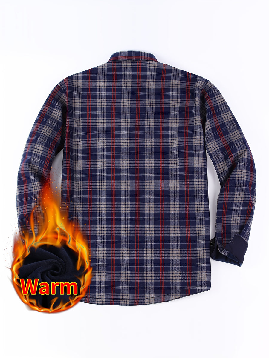 2026 Men's Plaid Shirt - Color Block Design, Brushed Lining, Warm Winter Flannel (Casual & Outdoor) Color Block Lining, Cold Weather Flannel for Outdoor Bold Color Block, Brushed Interior, Urban Style - Deep Purple