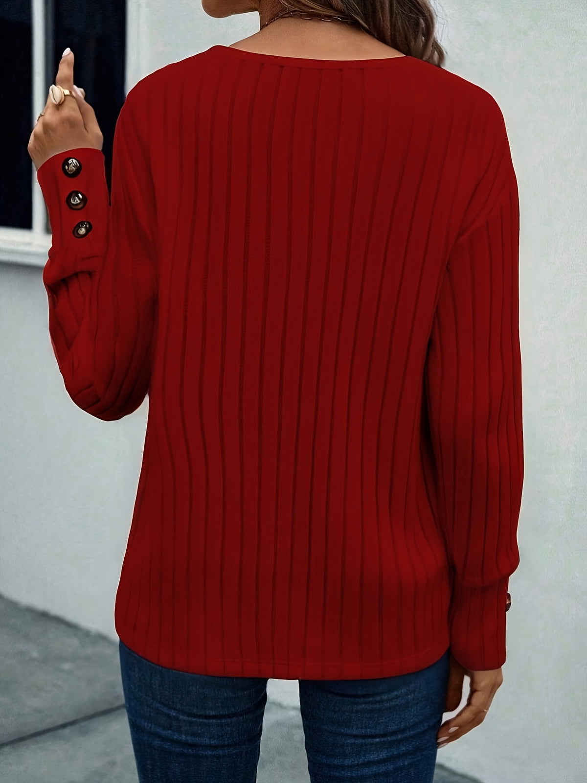 Ribbed Casual V-Neck T-Shirt - Burgundy