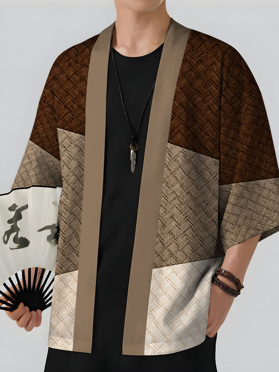 Summer New Men'S Kimono Cardigan, Loose Casual Trendy Thin Cloak Jacket Men'S Vacation Style, Digital Print All-Match Retro Robe Brown Series Texture Fabric Pattern - Mixed colors