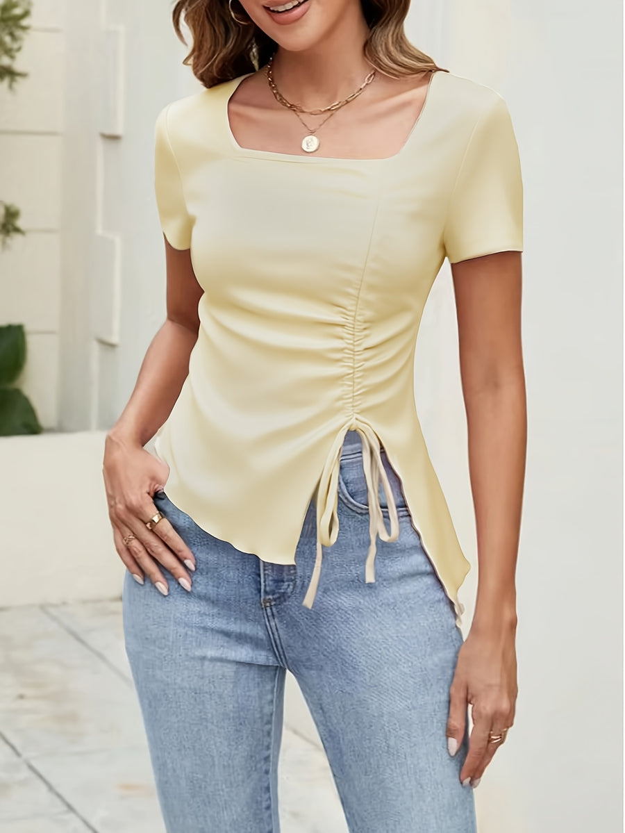 Women's Summer Square Neck Ruched Drawstring Asymmetrical Hem T-Shirt Casual Short Sleeve Slim Fit Top - Apricot