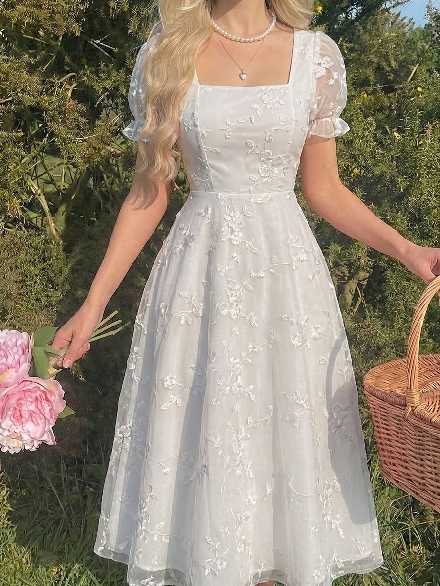 French-Style Pastoral Sweet Mesh Solid Color Maiden Dress - White