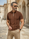 [Printed Design - Not Textured] Men'S Short Sleeve Zip Polo Shirt, Brown Geometric Dot Vertical Stripe, Digital Print, Zip Placket Polo Collar, Regular Fit, Polyester, Casual, for Daily Commuting And Weekend Leisure, Summer - Mixed colors