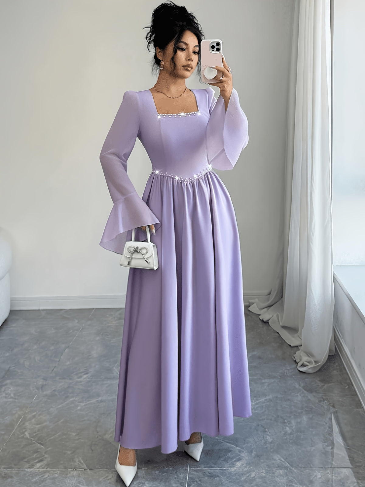 Women'S New Square Neck Pearl Embellished A-Line Waist Trumpet Sleeve Sweet Romantic Elegant Date Party Formal Evening Dress, Bridesmaid Dress - Purple
