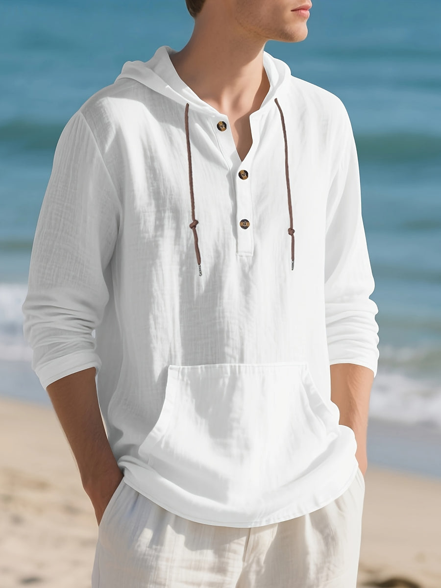 Men's Casual Linen Hoodie, Long Sleeve Henley Button Pullover. Crafted from Soft, Lightweight and Breathable Fabric, It Features a Relaxed Fit and Front Kangaroo Pocket. Ideal for Beach Vacations, Outdoor Activities, Travel and Daily Casual Wear. - White