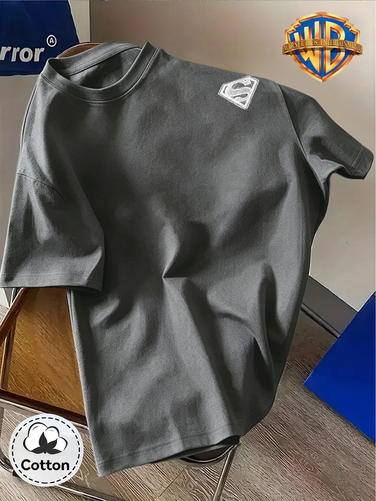 DC Superman Sketch S Logo Print 100% T-Shirt, Unisex Trendy Top, Double-Sided Print Design, Soft Fabric Material, Fashionable And Versatile Round Neck Short Sleeve Top, Designed for Men. Casual And Comfortable, Diverse Styles And Loose Fit - Dark Gray