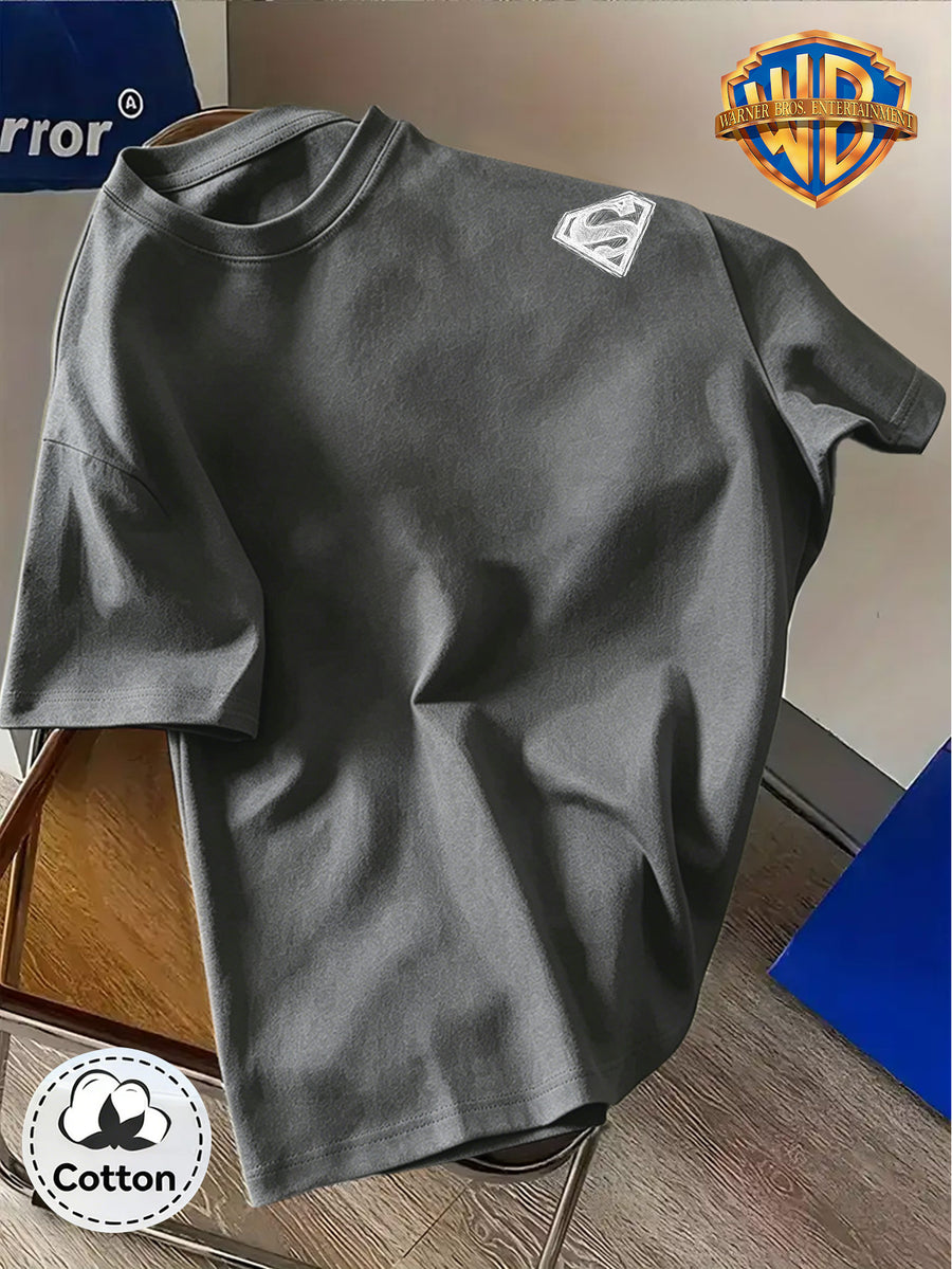 DC Superman Sketch S Logo Print 100% T-Shirt, Unisex Trendy Top, Double-Sided Print Design, Soft Fabric Material, Fashionable And Versatile Round Neck Short Sleeve Top, Designed for Men. Casual And Comfortable, Diverse Styles And Loose Fit - Dark Gray