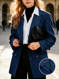 In-Stock Item 25YX043# Women's European and American Style Elegant Blue and White Checkered Blazer, 1pc Double-Breasted Suit Jacket, Loose Fit Cut with Slight Contour Design, Flattering to Various Body Types. The Classic Double-Breasted Design - Navy Color