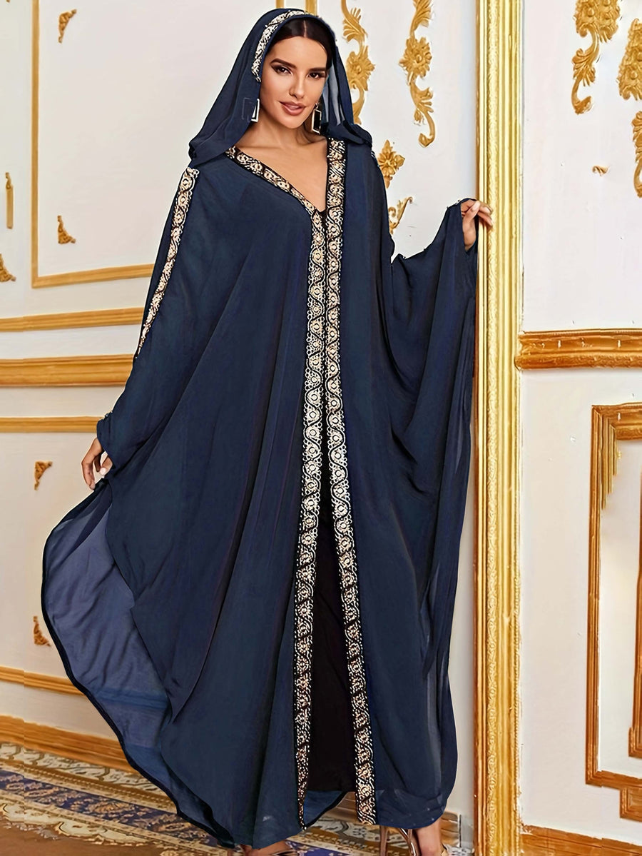 Middle Eastern Muslim Dress Little Dress Fashion French Romantic Classical Ethnic Style Loose Shawl Jumpsuit Hooded Abayas Robes - Navy Color