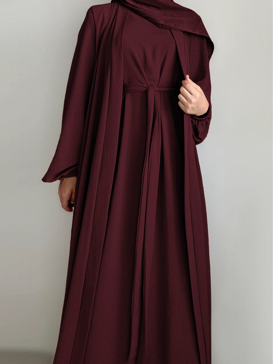 New Middle Eastern Dubai 3pcs Abaya Set - Women'S Traditional Belted Waist Dress with Cardigan And for Ramadan - Burgundy