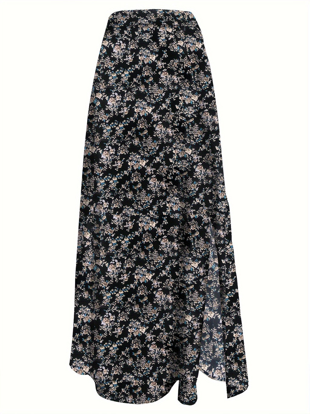 Elegant Floral Print High-Waisted Skirt with Side Slit - Women's Polyester Fashion, Machine Washable, Ideal for Spring/Summer, Spring Summer Fashion|Floral Midi Skirt|Vibrant Floral Print - Black