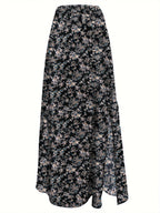 Elegant Floral Print High-Waisted Skirt with Side Slit - Women's Polyester Fashion, Machine Washable, Ideal for Spring/Summer, Spring Summer Fashion|Floral Midi Skirt|Vibrant Floral Print - Black