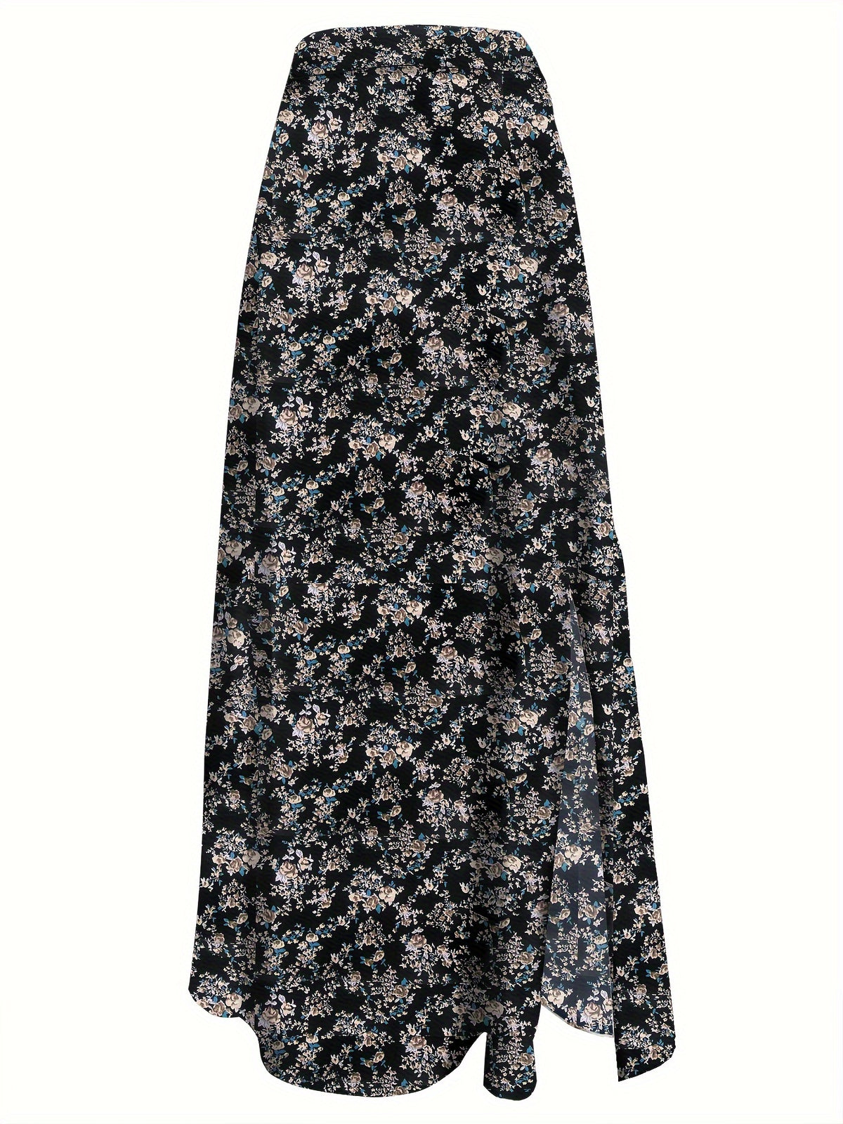 Elegant Floral Print High-Waisted Skirt with Side Slit - Women's Polyester Fashion, Machine Washable, Ideal for Spring/Summer, Spring Summer Fashion|Floral Midi Skirt|Vibrant Floral Print - Black