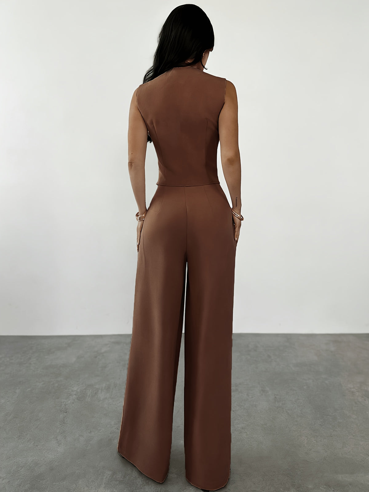 Women'S 2pcs Elegant Minimalist V-Neck Contrast Button Short Tank Top And High-Waist Wide-Leg Pants Set, Suitable for Daily Commute And Casual Wear, Graduation Gift, Teacher Outfit, Spring Summer Back-To - Coffee Color