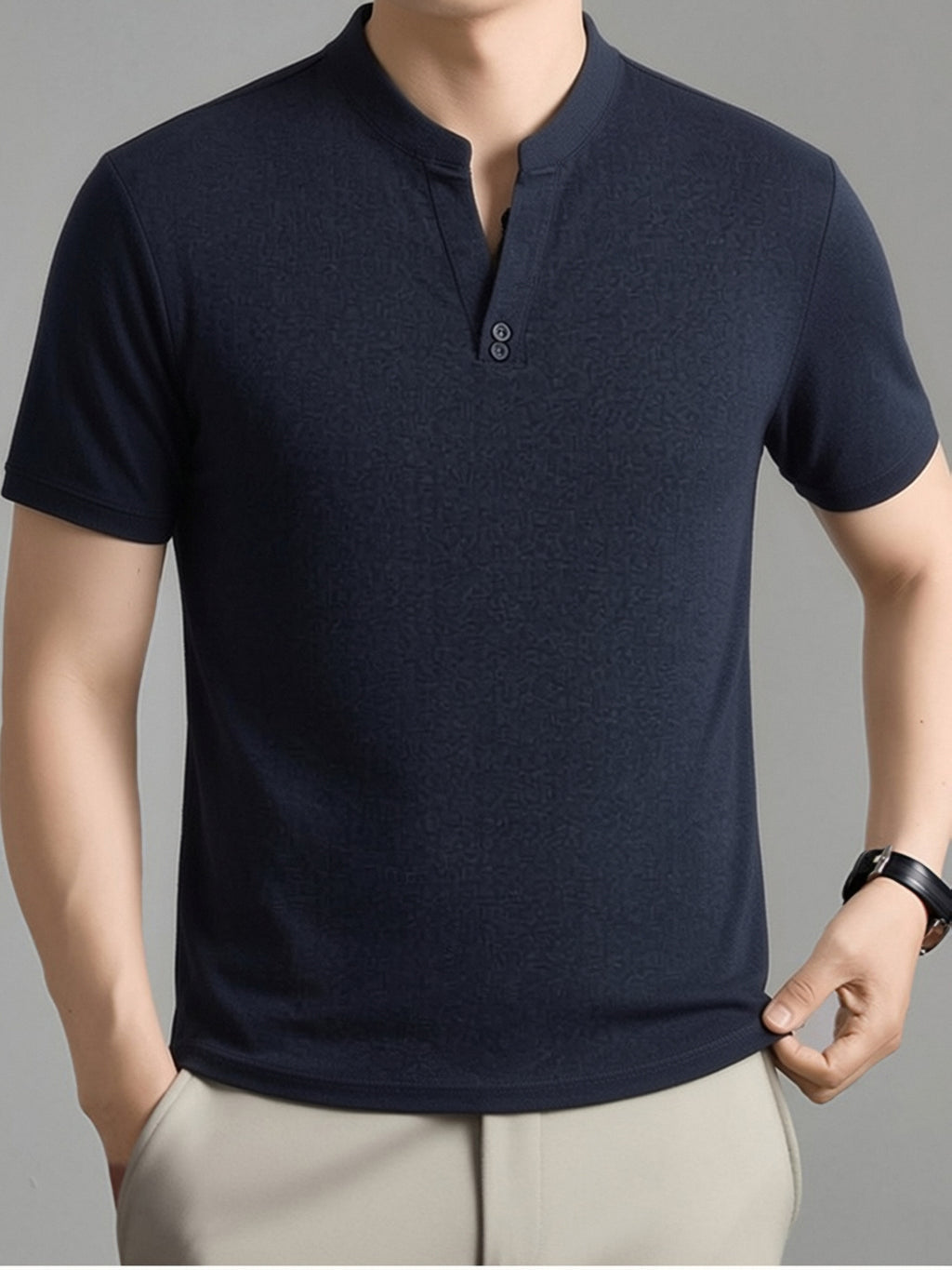 Men's Summer Short-Sleeve T-Shirt, Featuring a Stand-up Collar and Henry Collar Dual Design, with a Comfortable Texture Suitable for Both Business and Casual Wear - Navy Color