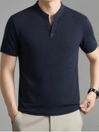 Men's Summer Short-Sleeve T-Shirt, Featuring a Stand-up Collar and Henry Collar Dual Design, with a Comfortable Texture Suitable for Both Business and Casual Wear - Navy Color