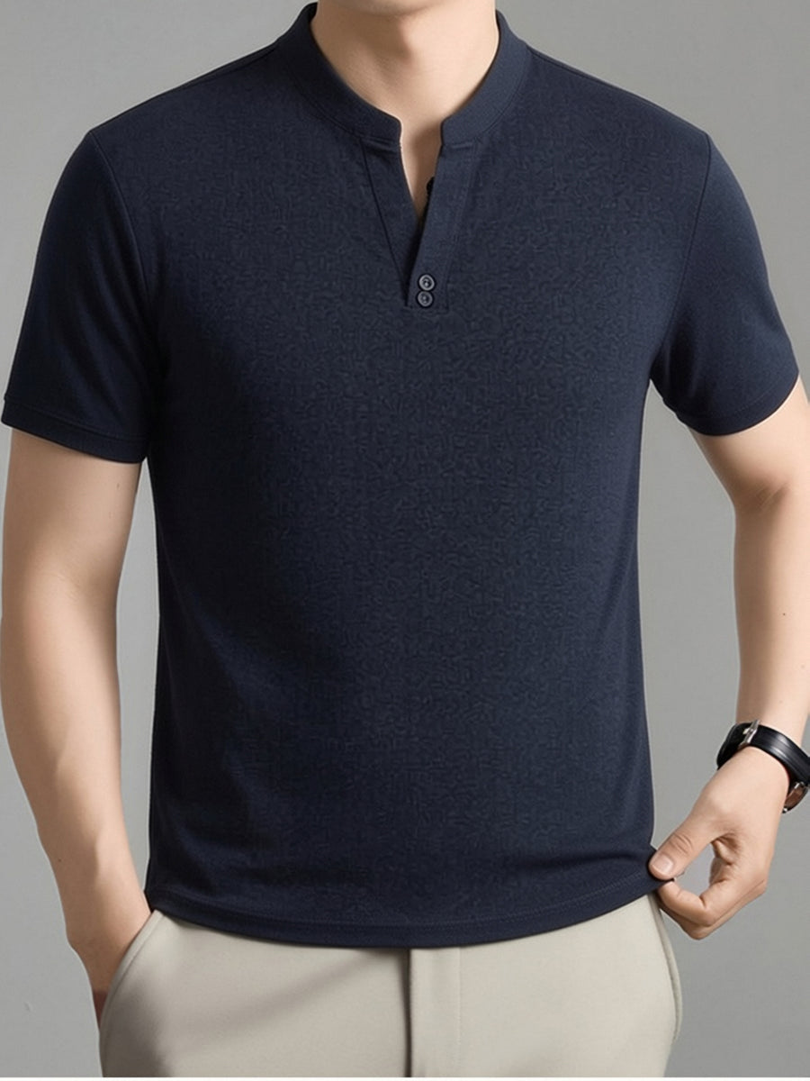 Men's Summer Short-Sleeve T-Shirt, Featuring a Stand-up Collar and Henry Collar Dual Design, with a Comfortable Texture Suitable for Both Business and Casual Wear - Navy Color