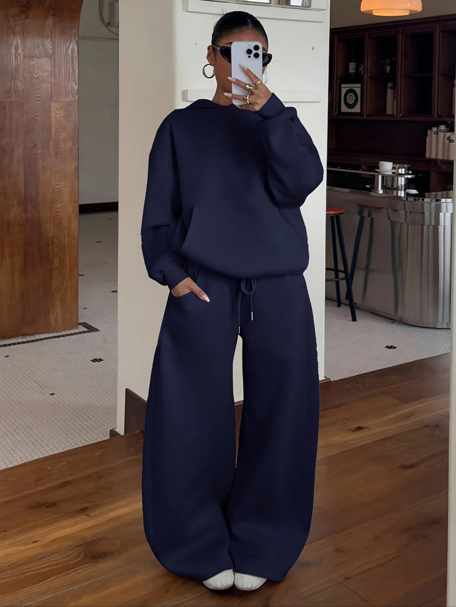 Women'S Fall Winter Athletic Sweatshirt And Long Pants Set, Top Loose Hooded Design, Bottom Loose Athletic Pants with Elastic Drawstring Waistband, Suitable for Outdoor Running, Gym Training, And Casual Home Wear, Comfortable And Non-Restrictive - Navy Color