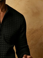 Early Autumn New Men'S Textured Plaid Patchwork Henley Long Sleeve Shirt, 7-Button Casual Collar Soft Long Sleeve T-Shirt, Mature And Atmospheric Regular Fit, Golf And City Outing Wear - Black