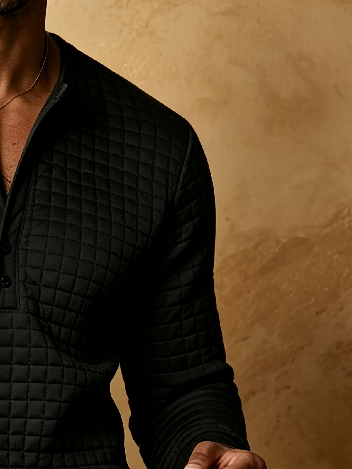 Early Autumn New Men'S Textured Plaid Patchwork Henley Long Sleeve Shirt, 7-Button Casual Collar Soft Long Sleeve T-Shirt, Mature And Atmospheric Regular Fit, Golf And City Outing Wear - Black