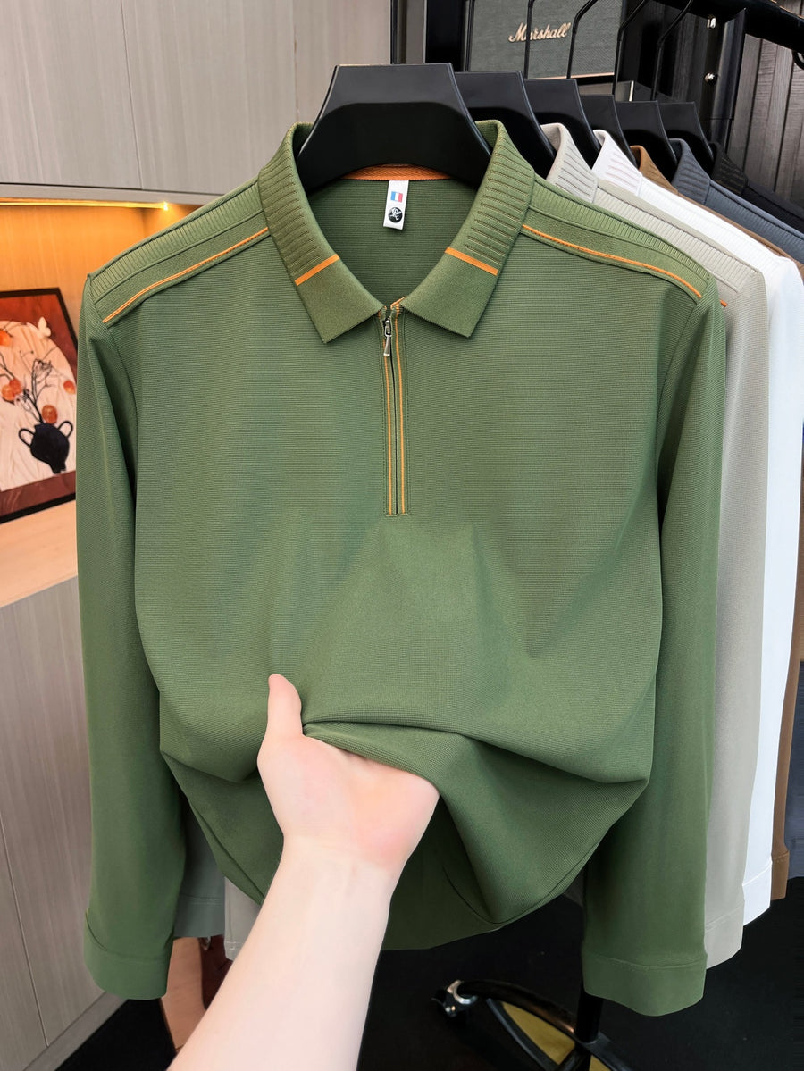 Men'S Clothing Golf Fishing Tennis Sports Solid Color Long Sleeve Lapel Polo Shirt New Long Sleeve T-Shirt Men Half Zip Seamless Polo Shirt Business Menswear Spring Autumn Casual Top Zip Lapel Tee Loose Daily Wear for Middle-Aged Men - Green