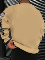 New Men's Crew Neck Sweatshirt, American Vintage Style with City Name Letter Print - Khaki