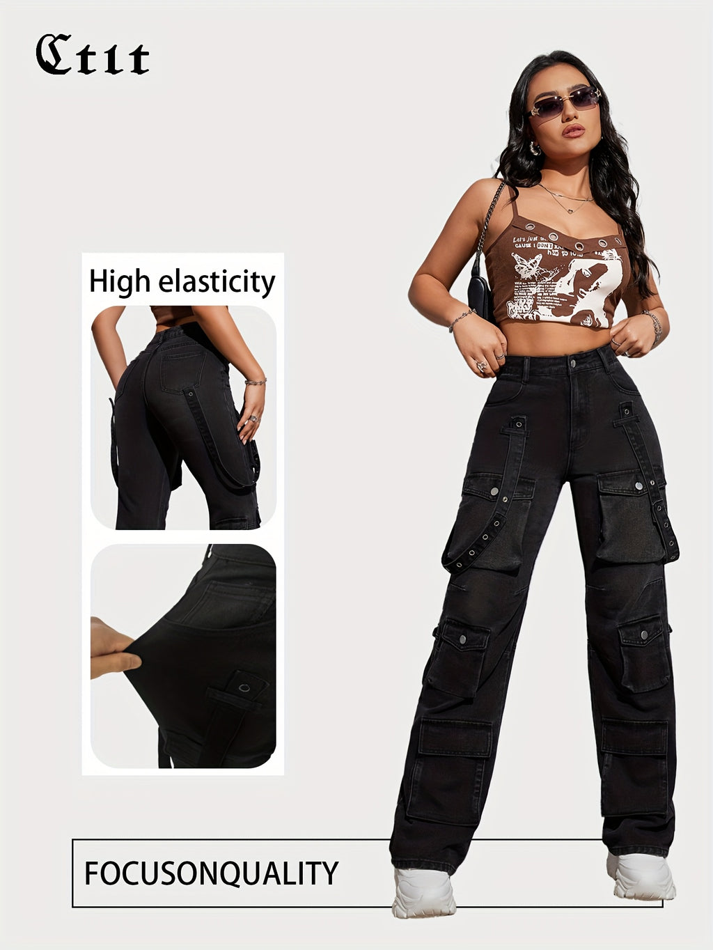 Women's High-Waisted Stretch Denim Cargo Pants with Multiple Pockets - Black Hip Hop Streetwear Style, Straight Leg Fit,, Perfect for Casual Outings, Spring Summer Pants | Cargo Style Jeans | Rugged Denim - Dark Gray