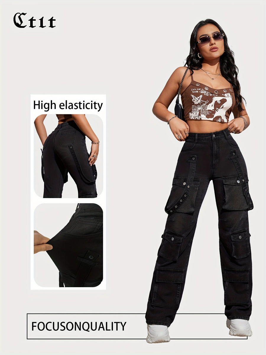 Women's High-Waisted Stretch Denim Cargo Pants with Multiple Pockets - Black Hip Hop Streetwear Style, Straight Leg Fit,, Perfect for Casual Outings, Spring Summer Pants | Cargo Style Jeans | Rugged Denim - Dark Gray