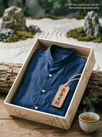 Spring New Men'S Linen Mandarin Collar Long Sleeve Shirt, Neo-Chinese Minimalist Style, Breathable Linen Fabric, Versatile Business Casual, Great Gift for Elders And Boyfriends, 1pc. Gift Box And Props Are for Decorative Purposes Solely - Navy Color
