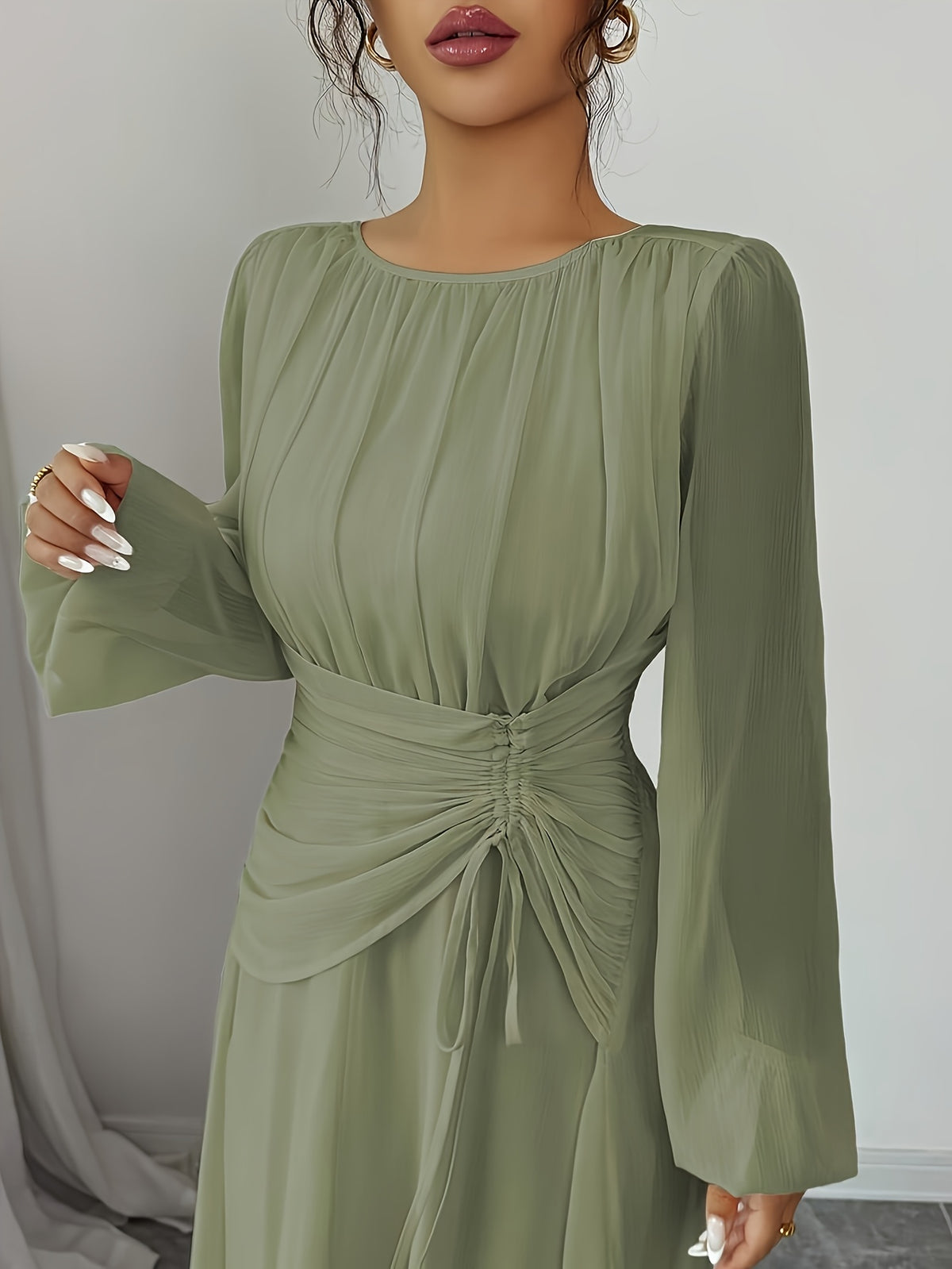 Women'S Elegant Temperament Casual Commute Vacation Round Neck Ruched Waist Tie-Belt A-Line Waist Long Sleeve Dress, Spring Autumn New - fern green