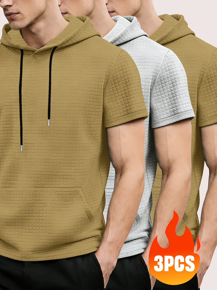 3pcs Men's Waffle Knit Short Sleeve Hoodie with Kangaroo Pocket, Soft and Breathable Fabric, Multiple Color Options, Versatile for Daily Wear, Simple and Stylish Casual Sportswear, Suitable as Matching Family Outfits, Great Choice for Gifts - Khaki + gray + khaki