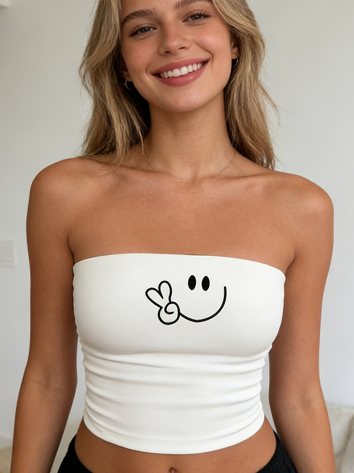 Joyful Gesture Happy Abstract Lines Printed Elastic Strapless Women's Clothing All Seasons - Milky