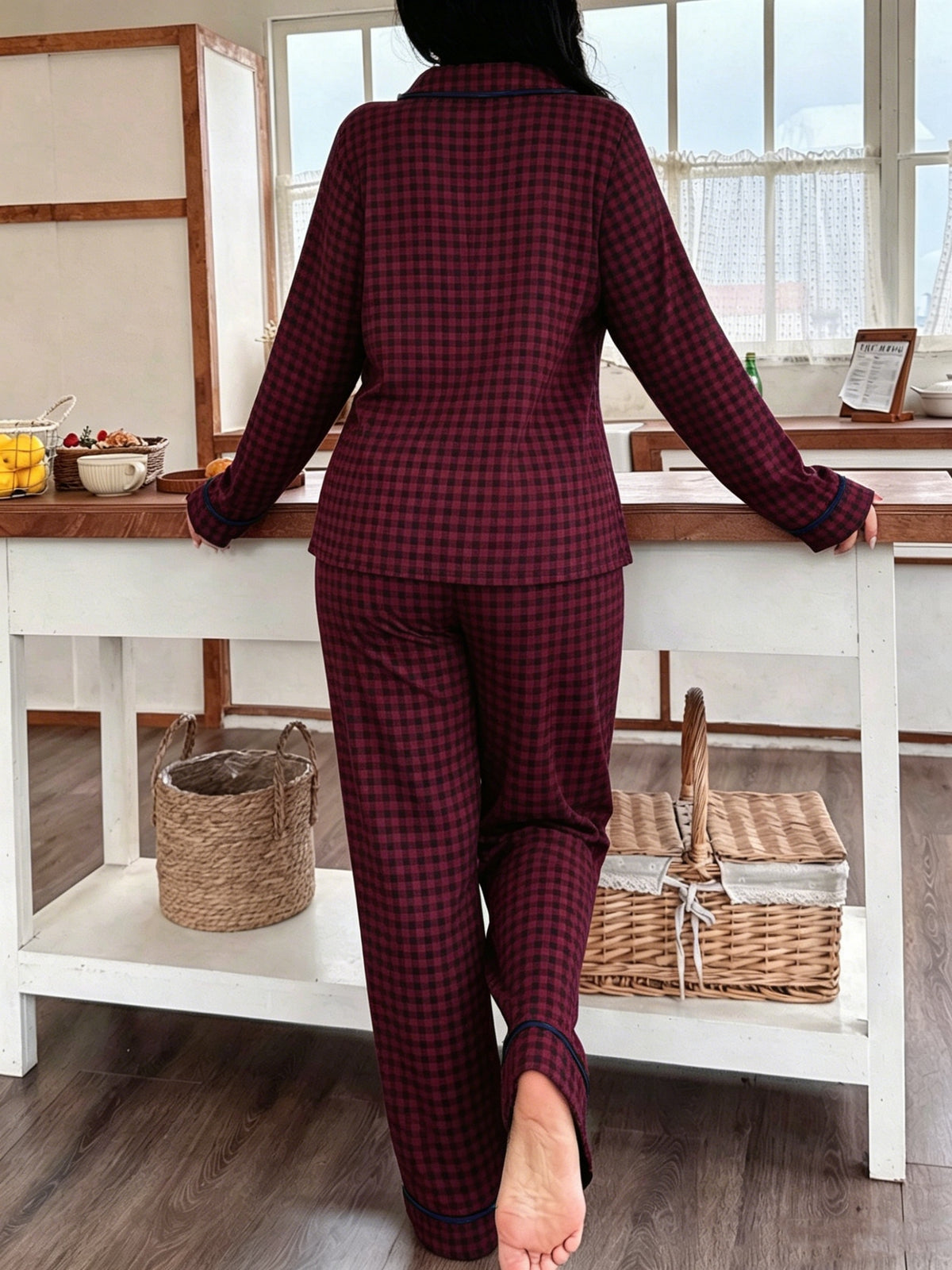 Plus Size Spring Autumn Plaid Lapel Pajama Set, Women'S Casual Comfortable Home Wear Set - Mixed colors