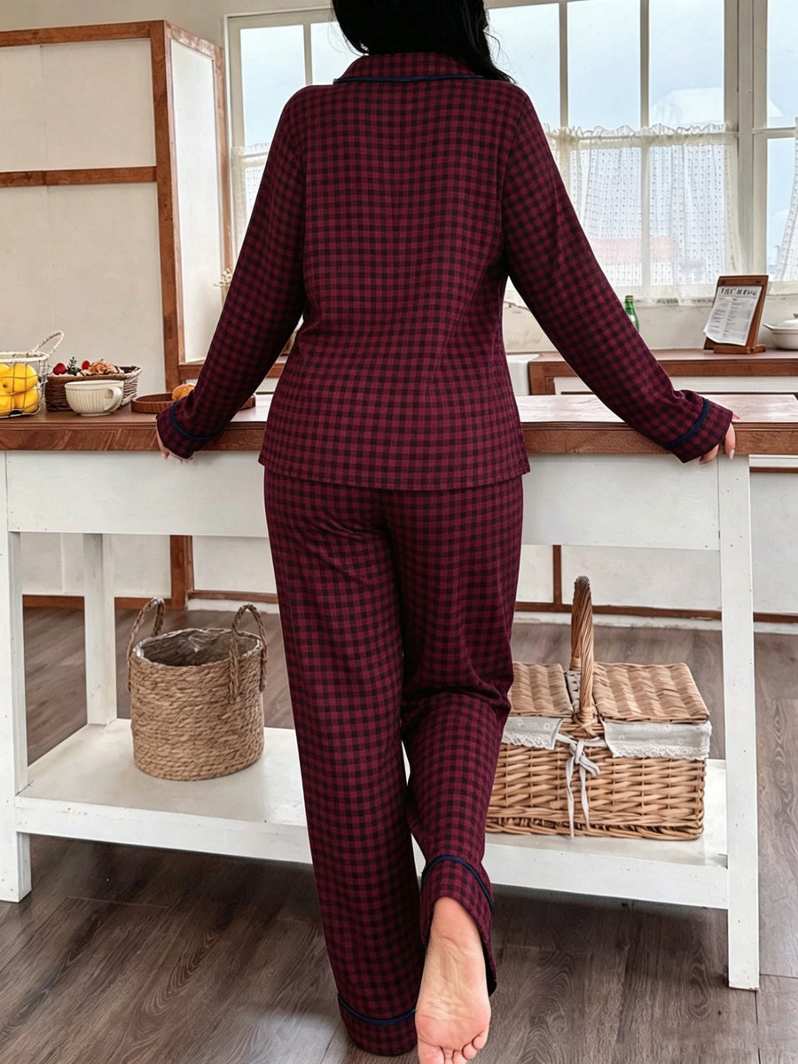 Plus Size Spring Autumn Plaid Lapel Pajama Set, Women'S Casual Comfortable Home Wear Set - Mixed colors
