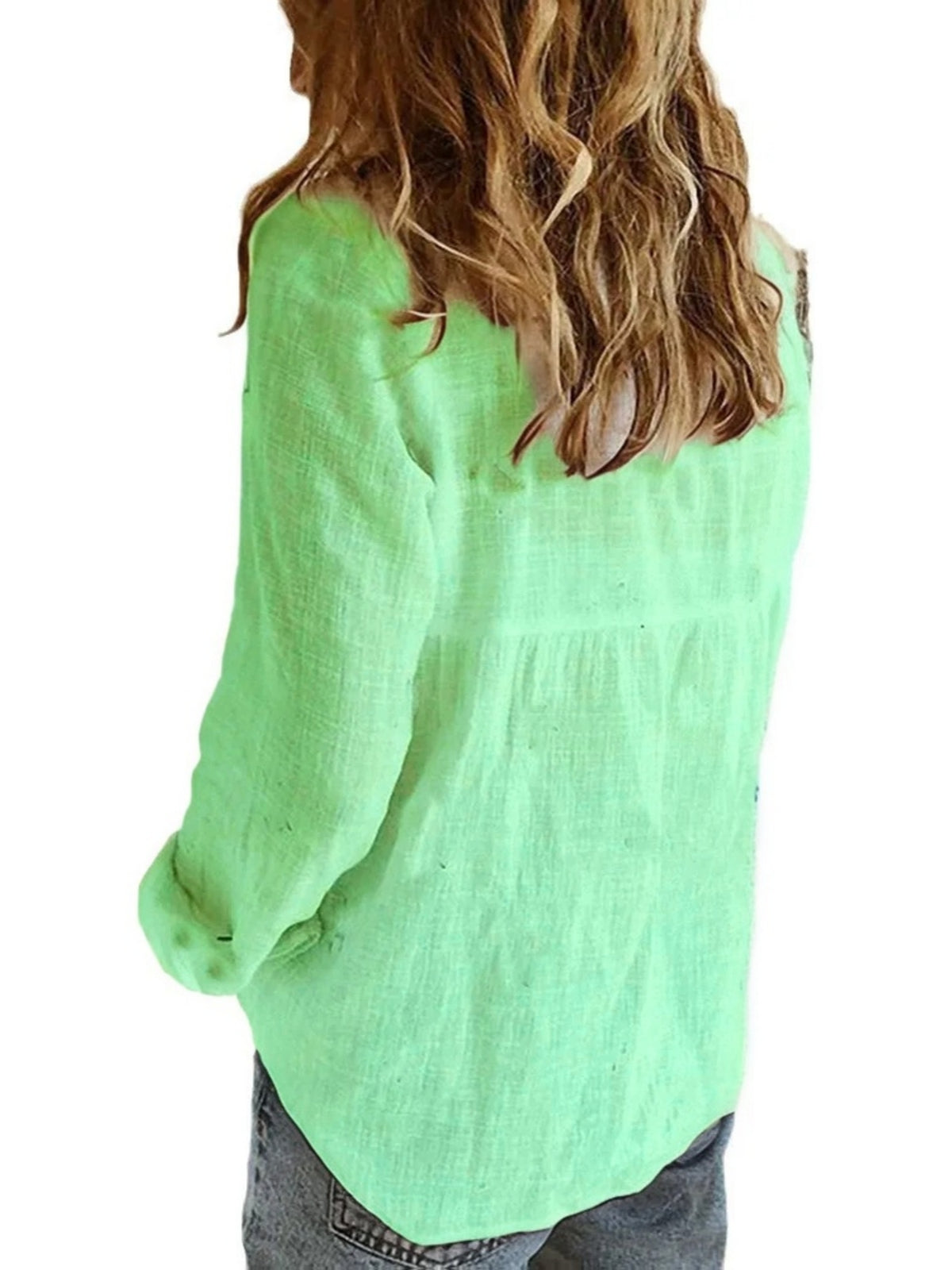 Women's New Spring, Autumn, and Winter Style 100% Long-Sleeve Shirt, Simple Open-Front Lapel Collar Comfortable Shirt, Fashionable, Elegant, and Versatile Solid Color Open-Front Long-Sleeve Top, Suitable for All Seasons, for Women's Daily, Casual - Fluorescent Green