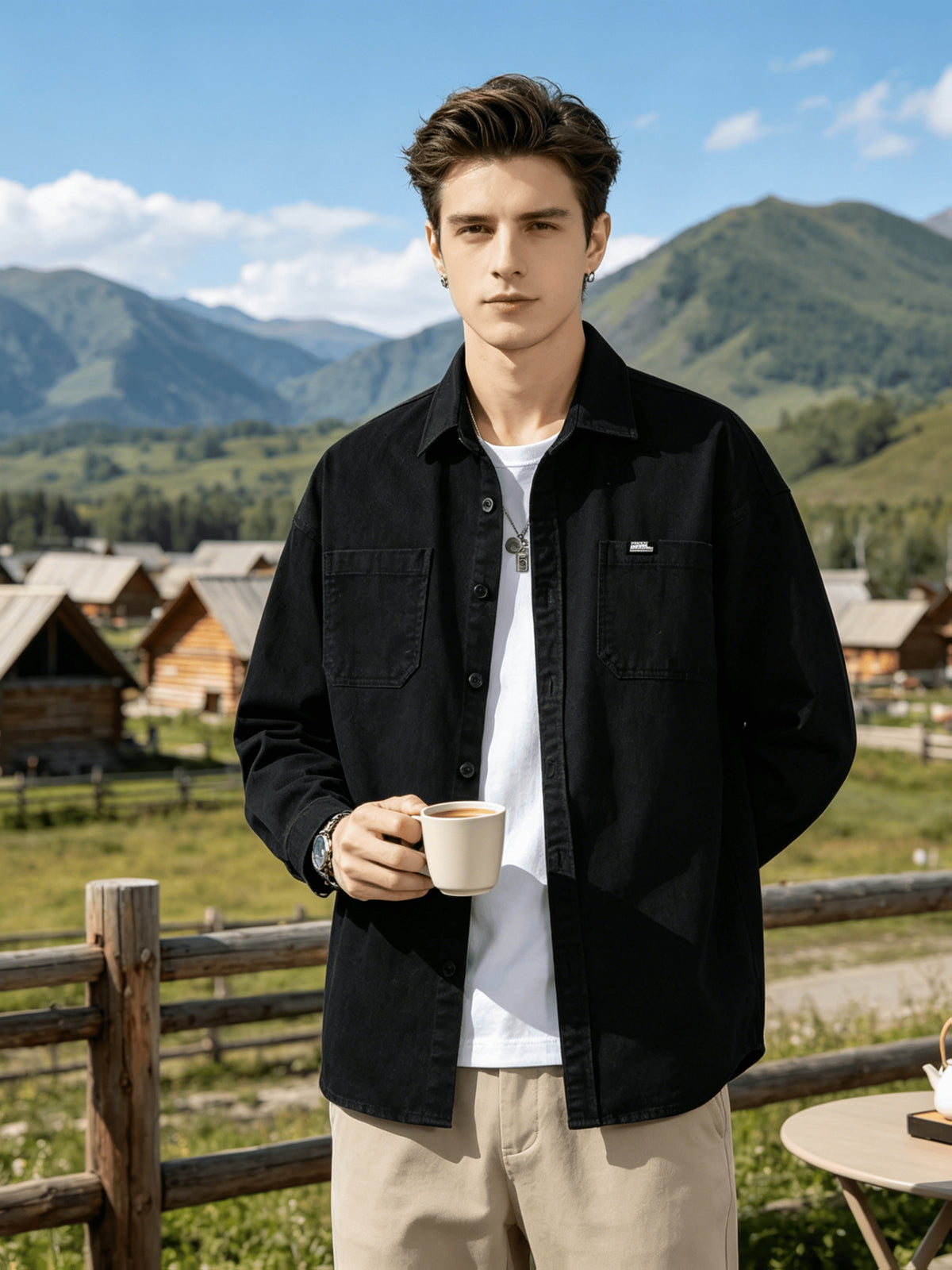 Men'S Utility Long Sleeve Shirt, Lapel Outdoor Loose Multi-Pocket Fashion Patchwork Design Versatile Men'S Top Outerwear - Black