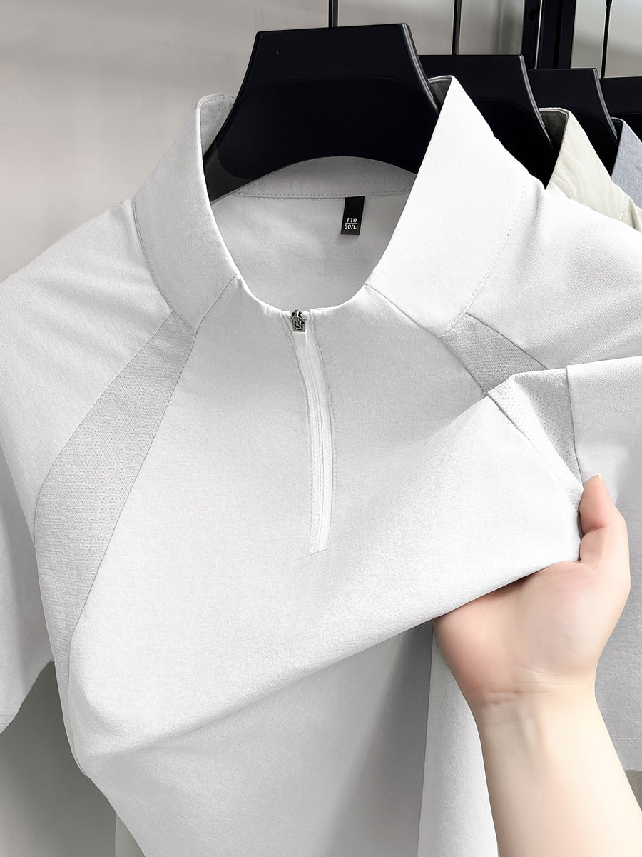 Men's Half-Zip Henley Polo Shirt Short-Sleeve T-Shirt - Summer Zip-Front Collar, Asymmetric Hem & Patchwork Suitable for Outdoor Sports, Casual Wear, Work, Machine Washable Solid Color Stand Collar Shirt - White