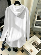Mid-Length Hooded Sweatshirt for Women, Loose Hip-Covering Letter Print Drawstring Pullover Top - White