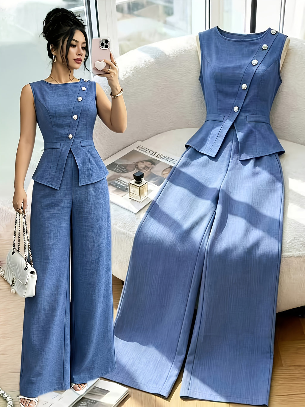 2pcs Set, 1pc Elegant Summer Women'S Two-Piece Outfit, Suitable for Party Wear, Featuring Round Neck Design, Pearl Buttons, Visible Waistline, And Vest And Pants with Slit And Fake Pockets - Royal Blue