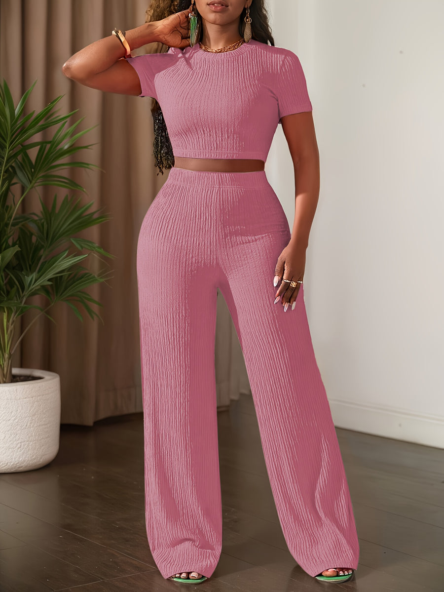 2025 New Solid Color Short Sleeve Top And Wide Leg Pants Casual Set - Peach