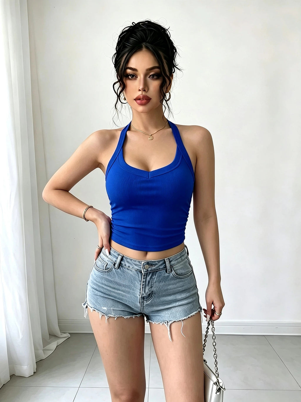 Women'S Spring Summer Halter Neck Solid Color Cami Tank Top, Spicy Sheer Short Top for Inner Wear And Outer Wear, Classic Versatile Style - Blue