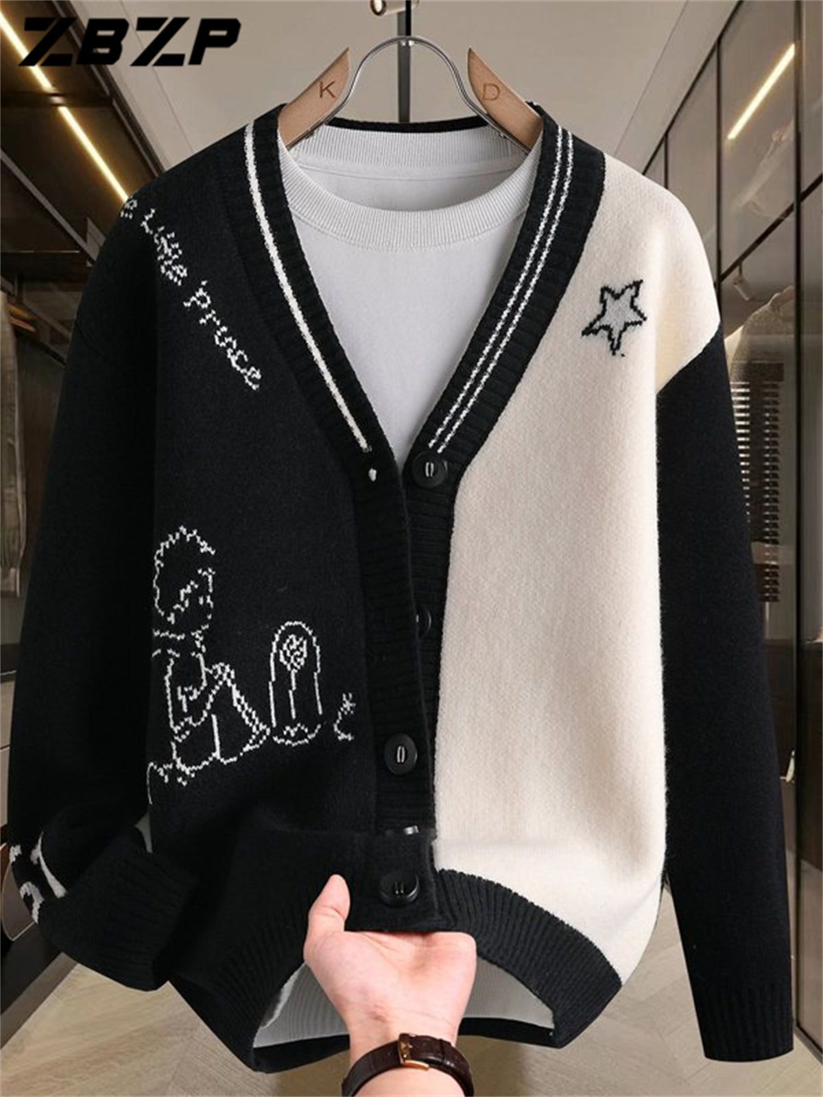 ZBZP Autumn/Winter Knitted 3D V-Neck Solid Color Sweater, Basic Knit Cardigan, Men's Fashion Knitwear Long-Sleeve Outerwear 10719 - Black