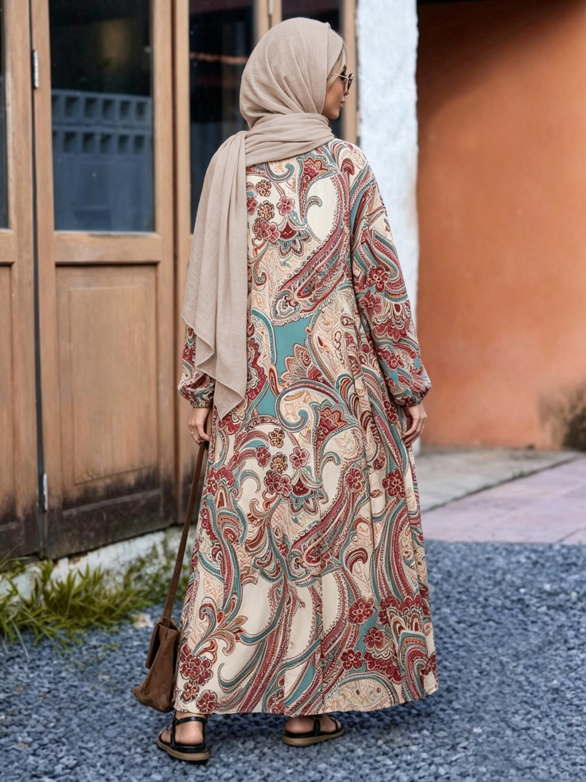 Ximia Paisley Print Cardigan Robe Set, Long Sleeve Loose Outerwear with Wide-Leg Pants 2pcs Set - Apricot